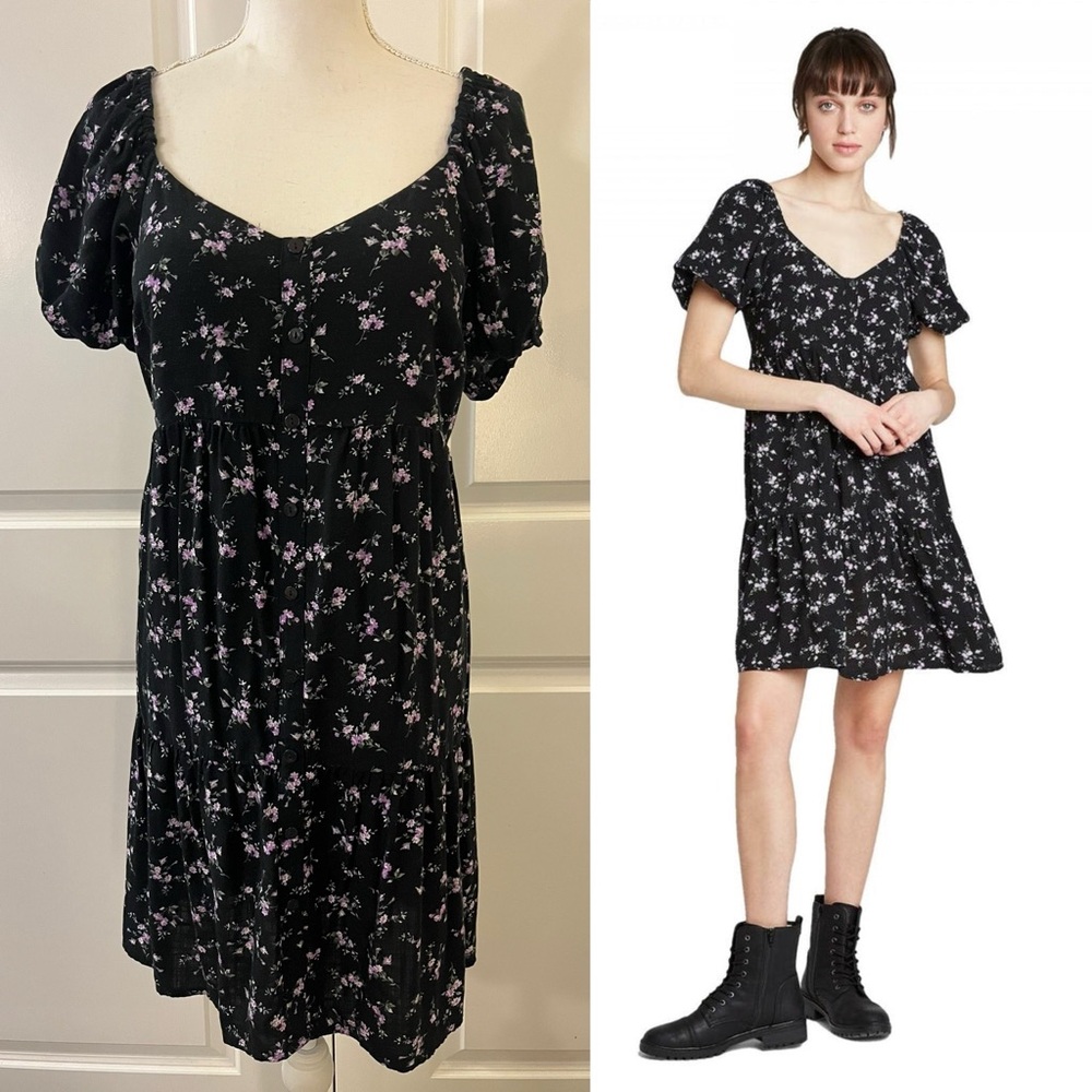 Wild Fable Black Purple Floral Sweetheart Peasant Puff Sleeve Babydoll Dress MED